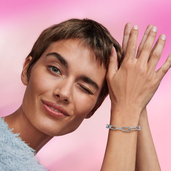 Link-Charm Rechteckig Offen Gerillte Linien Sterling-Silber
