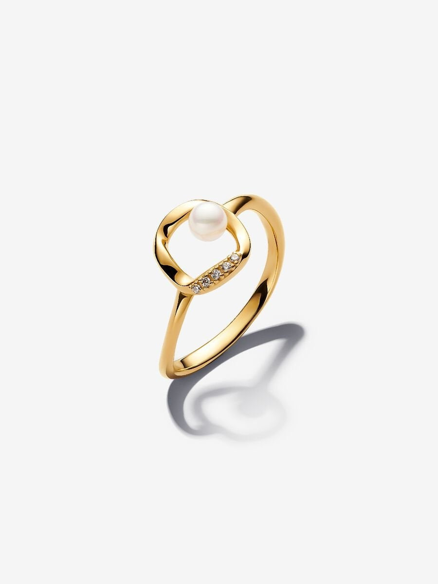 Organisch Geformter Pavé Kreis & Behandelte Süßwasserzuchtperle Ring 14 Karat Vergoldung
