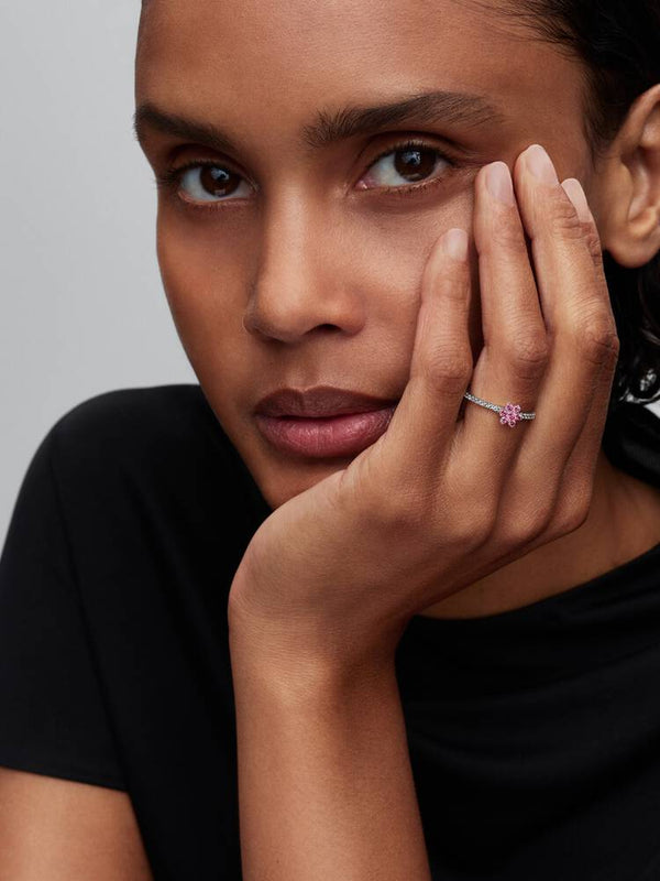 Funkelnde Rosa Blume Ring Sterling-Silber