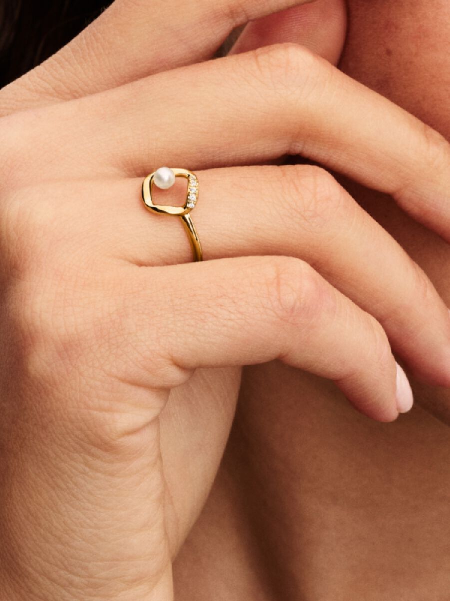 Organisch Geformter Pavé Kreis & Behandelte Süßwasserzuchtperle Ring 14 Karat Vergoldung