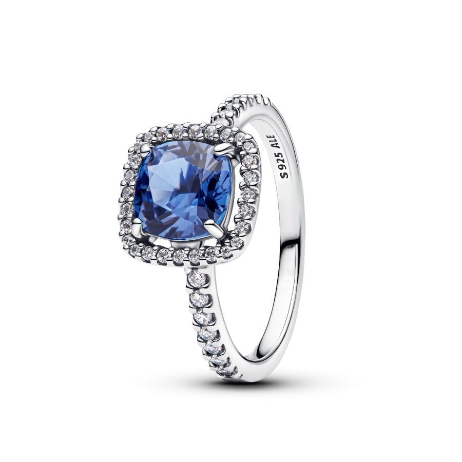 Ring Funkelnder Eckiger Blauer Strahlenkranz Silber