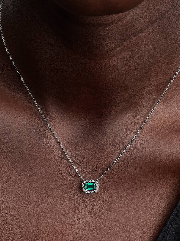 Rechteckiger Funkelnder Strahlenkranz Collier-Halskette Sterling-Silber Zweitbild