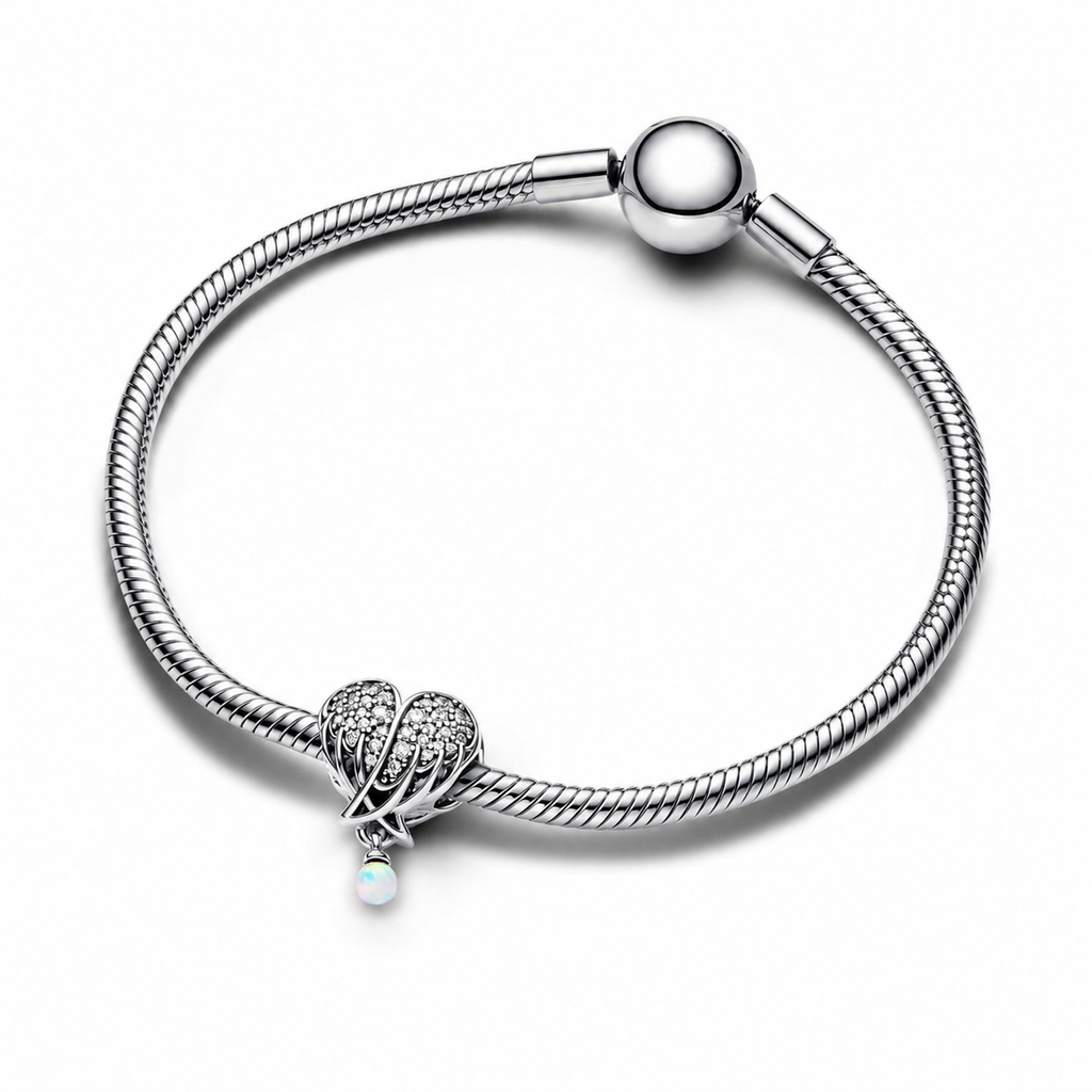 Charm Funkelnde Engelsflügel & Herz Zirkonia Opal Silber