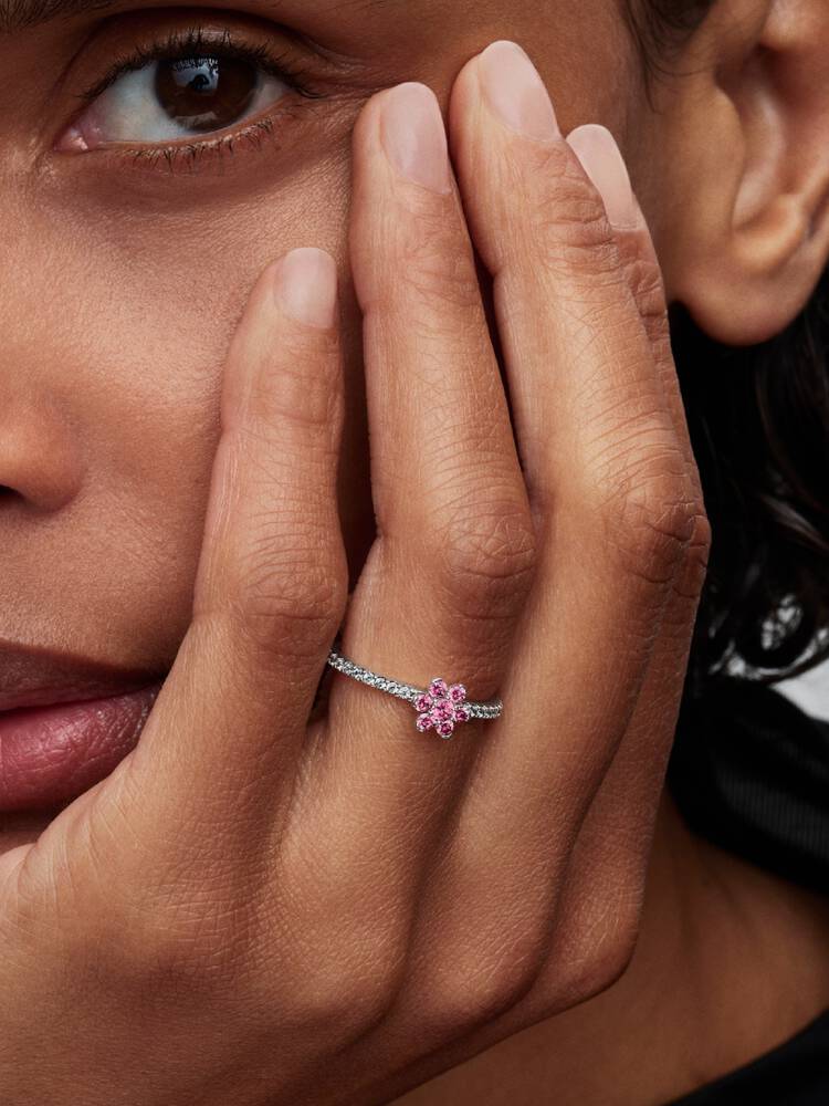Funkelnde Rosa Blume Ring Sterling-Silber