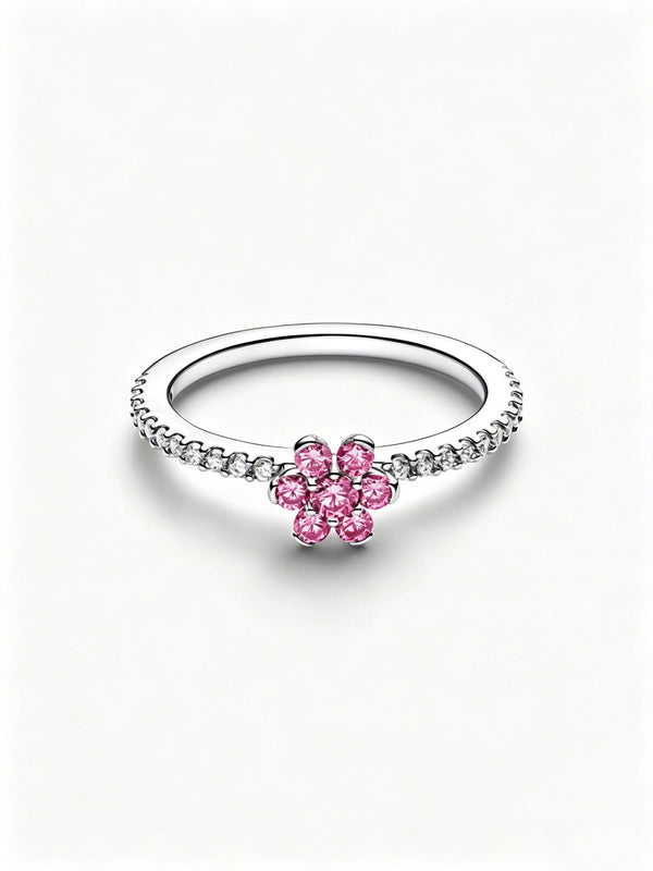 Funkelnde Rosa Blume Ring Sterling-Silber